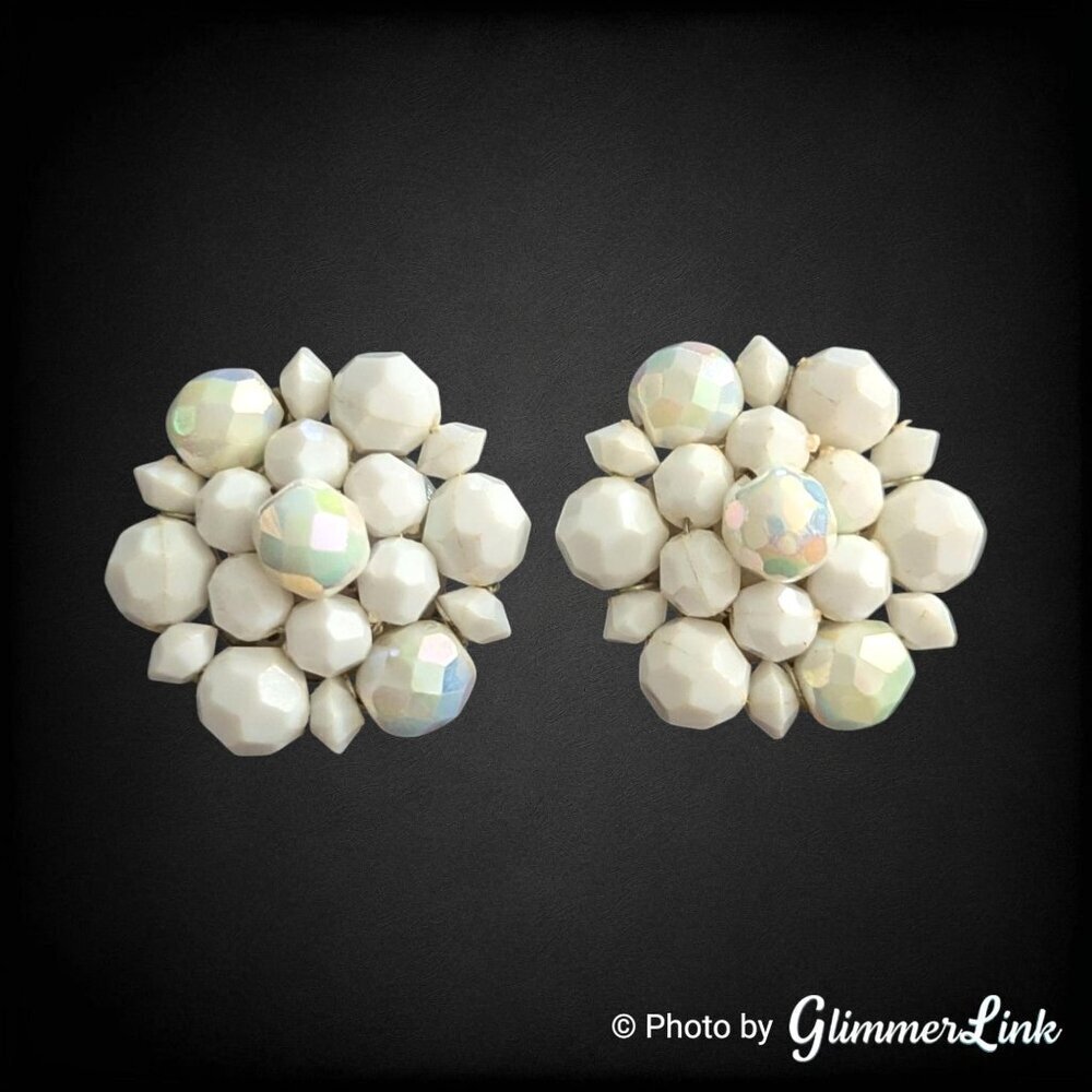 Vintage Western Germany White AB Bead Snowflake Cluster Clip On Earrings